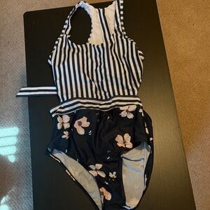 Striped & Floral Navy One-Piece Swimsuit - Size L BNWT